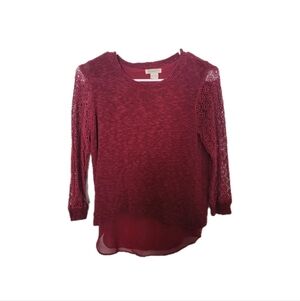 Lucky Brand Burgundy Mixed Media Crochet Lace Sleeve Split Back Sweater XS
